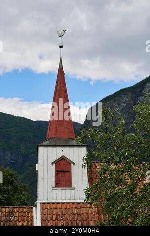 Undredal Stave Church by the Naeroeydalen Fjord, the smallest stave church in Norway. Stock Photo