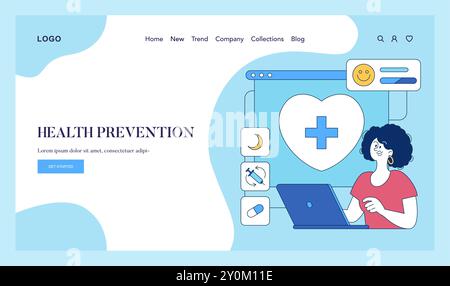 Health prevention concept. A woman interacts with a healthcare website displaying wellness icons. Medical information accessibility online. Vector illustration. Stock Vector