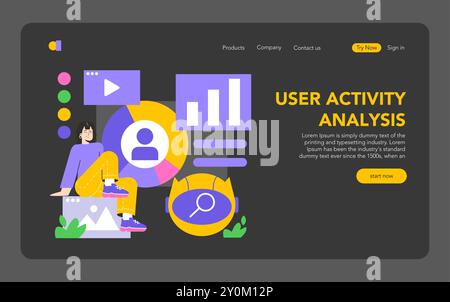 Mobile AI concept. Illustration of a user activity analysis interface with colorful charts and a relaxed user. Data analysis, user engagement, and tech interaction. Vector illustration. Stock Vector