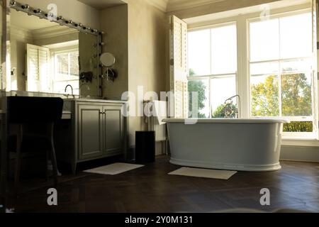 Modern bathroom with freestanding bathtub and large windows, inviting natural light Stock Photo