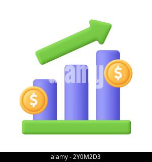 Financial growth chart with coins. Chart with bars and green rising arrow. Finance, capital and money increase concept. 3d vector icon. Cartoon minima Stock Vector