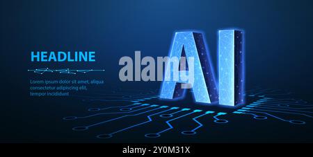 AI letters on circuit chip. AI technology, robot core, electric line, circuit board Stock Vector