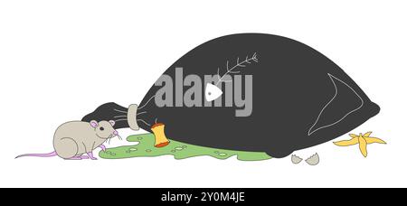Trash bag with rotten leftovers and rat 2D cartoon object Stock Vector