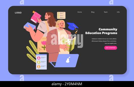 Online Learning Platform concept. Web page design featuring diverse users engaged in community education programs. E-learning, digital access, knowledge growth. Vector illustration. Stock Vector