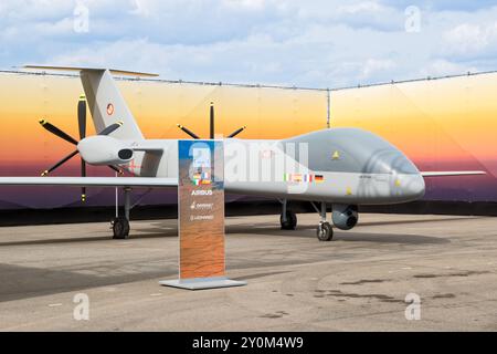 European Medium Altitude Long Endurance (MALE) unmanned aerial vehicle (UAV) at the Berlin ILA Air Show. Berlin, Germany - Apr 27, 2018 Stock Photo