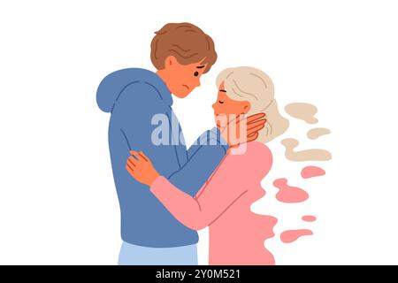 Widower man remembers deceased bride, hugging ghost girl and refuses to believe in end relationship Stock Vector