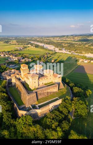 Aerial view of castle of Torrechiara during a summer sunset. Langhirano, Parma province, Emilia Romagna, Italy, Europe. Stock Photo