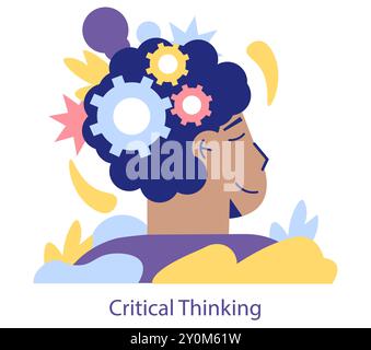 Critical thinking concept. Illustration of a person in profile with gears in the brain, representing problem solving and analysis. Vector illustration. Stock Vector