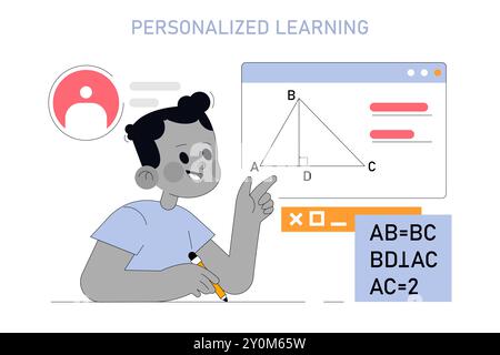 Personalized Learning concept. Interactive geometry lesson on computer with a young student engaged in solving problems. Education technology in use. Vector illustration. Stock Vector