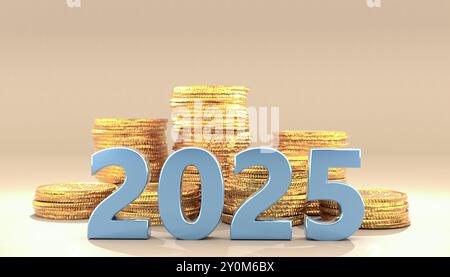 Visual Forecast 2025 Economy and Investments with Golden Coins Piled High in 3D Rendering. Conceptual Image of Financial Success, Market Trends Predic Stock Photo