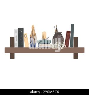 Old shelf with vintage books, dried herbs, jug with brushes, and candle in old bottle candle holder. Isolated design element for fairy and retro Stock Vector