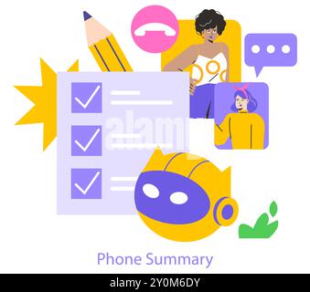Mobile AI assistant concept. Digital checklist management with an AI overseeing tasks, person interacting through mobile interface. Vector illustration. Stock Vector