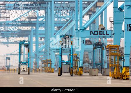 Containers and Straddle Carriers at APM Terminal, Aarhus, Denmark Stock ...