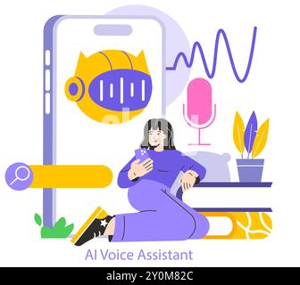 Mobile AI concept. A woman interacts with an AI voice assistant on her smartphone, showcasing modern technology use. Digital assistant application in daily life. Vector illustration. Stock Vector
