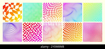 Groovy checkered pattern, neon distorted tiled grid. Vintage wavy curved backdrop, distortion effect. Funky geometric chessboard texture, retro Stock Vector