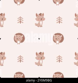 A simple, cozy,autumn pattern in a minimalist forest hedgehog, wolf, leaves, Christmas trees, trees, pines, graphic elements pattern in a Scandinavian Stock Vector