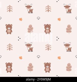 A simple, cozy,autumn pattern in a minimalist forest bears, deer, leaves, Christmas trees, trees, pines, graphic elements pattern in a Scandinavian st Stock Vector