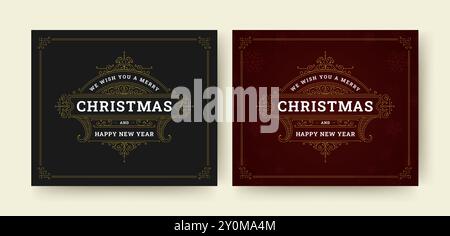Merry Christmas royal retro social media post design template set vector flat illustration. Happy New Year Xmas best wishes winter holiday vintage gre Stock Vector