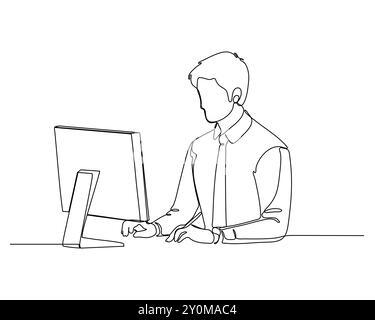A continuous line drawing of a person sitting at a desk, using a computer. The individual is shown in profile view, facing the screen with hands on Stock Vector