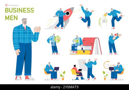 Businessman set. Variety of corporate activities, from success celebration to strategy planning. Leadership, innovation, and time management. Vector illustration. Stock Vector