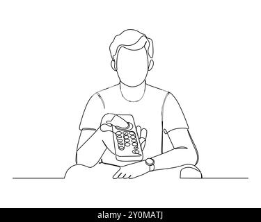 continuous line drawing of a person sitting at a table, holding a TV remote control. The individual appears focused on the task at hand. Minimalistic Stock Vector