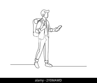 A continuous line drawing of a person standing and looking at a smartphone, wearing casual clothing and carrying a backpack over one shoulder. simplic Stock Vector
