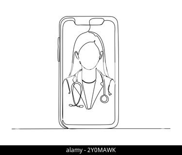 continuous line drawing of a smartphone displaying an illustration of a healthcare professional medical doctor, with a stethoscope around the neck rep Stock Vector