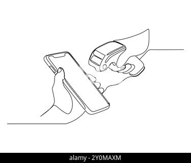 continuous line drawing of a hand holding a smartphone, with a POS infrared scanner aimed at the screen to scan a QR code for contactless payment.  mo Stock Vector