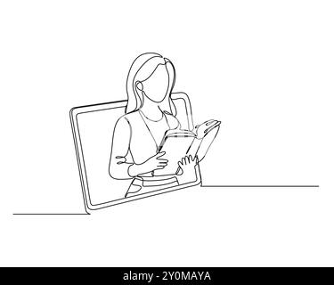 continuous line drawing of a person reading a book, emerging from an open laptop screen. This represents the concept of online learning or the Stock Vector