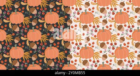 Autumn attributes seamless background. Colorful fall pattern with pumpkin, acorns, rowan berries and dried leaves. Thanksgiving print for textile, Stock Vector