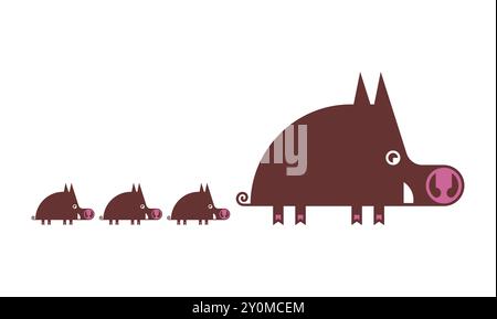 Boar and piglets cartoon style. Cute hog and offspring isolated. Wild pig Stock Vector