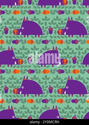 Boar pattern seamless. Cute hog and offspring background. Wild pig texture. Baby fabric texture Stock Vector