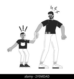 Yelling father with stressed kid black and white 2D line cartoon characters Stock Vector