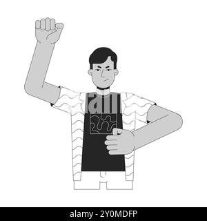 Fist raised indian man activist black and white 2D line cartoon character Stock Vector