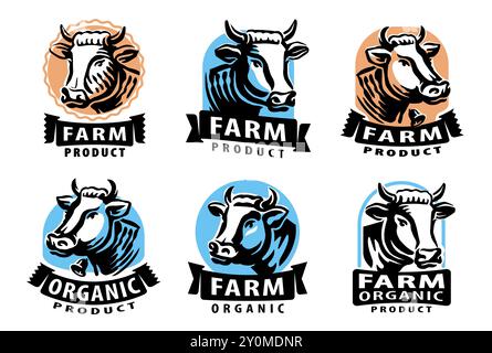 Cow logo elements. Healthy organic farm food product concept. Set of emblems, badges, stamps vector illustration Stock Vector