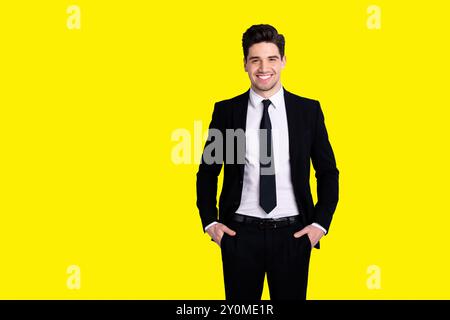 Portrait of independent feel glad successful ceo representative feel glad content place hands fingers palms in pockets modern black trousers Stock Photo