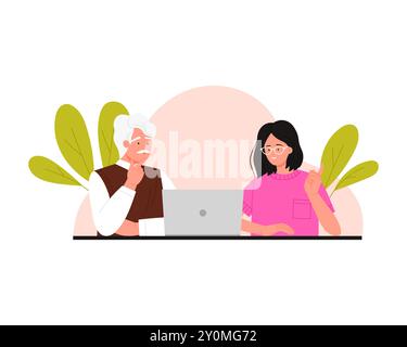 Granddaughter helping confused grandfather with mustache use laptop vector illustration Stock Vector