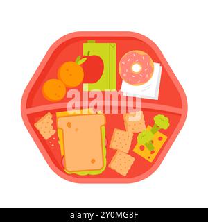 Red plastic tray with food and hexagon shape, top view of lunch platter vector illustration Stock Vector