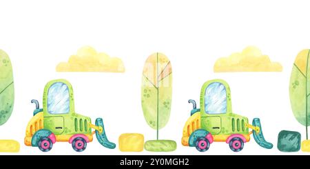 Excavator, building blocks, trees and clouds in watercolor. Construction site seamless border clipart in cartoon style. Cute forklift car illustration for children's rooms, clothing or textile Stock Photo