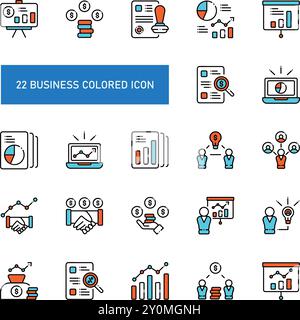 Business Icons Set colored icon pack, plan, coin, company, data, presentation, search, chart, document, laptop, idea, graph, project, handshake Stock Vector