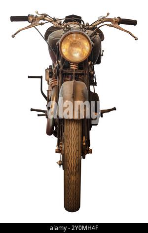 Front view of a weathered and rusty English vintage motorcycle isolated on a white background Stock Photo