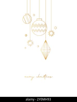 Vector illustration. Elegant design with golden ornaments and stars hanging on thin lines, with Merry Christmas written in delicate cursive below on Stock Vector