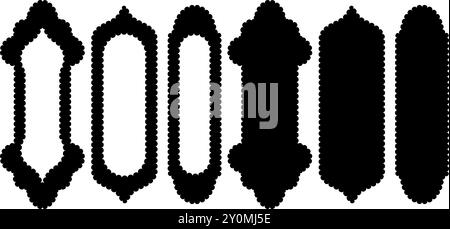 Set of scallop edge frames black shapes isolated on white background Zigzag wavy forms Islamic window silhouette border. Decorative collection Stock Vector