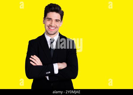 Portrait of handsome relaxed representative feel glad enjoy have fun career concept content dream dreamy independent freelancer wear classic outfit Stock Photo