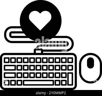 A keyboard and mouse are shown with a heart symbol in the middle. The heart symbol is red and orange, and it is surrounded by a white background. Conc Stock Vector