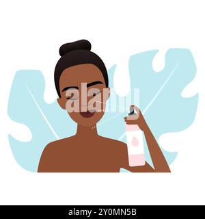 Detailed vector illustration of a woman applying face mist. Stock Vector