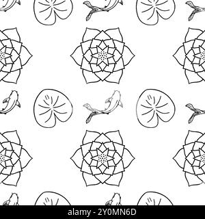 Lotus Koi Vector Pattern White Background line art seamless pattern Stock Vector