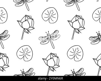 Vector seamless pattern with hand drawn blooming lotus flowers and leaves, dragonfly. Traditional oriental print. Best for textile. Stock Vector