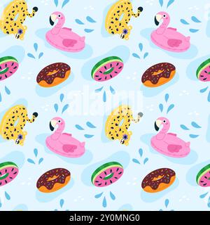 Inflatable rings seamless pattern. Swim pool toys on water. Rubber leopards, flamingos or donuts. Summertime vacation. Repeated print. Swimming Stock Vector