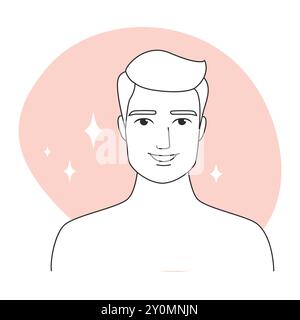 Vector line art illustration of a man applying a skincare product with a pink background. Stock Vector